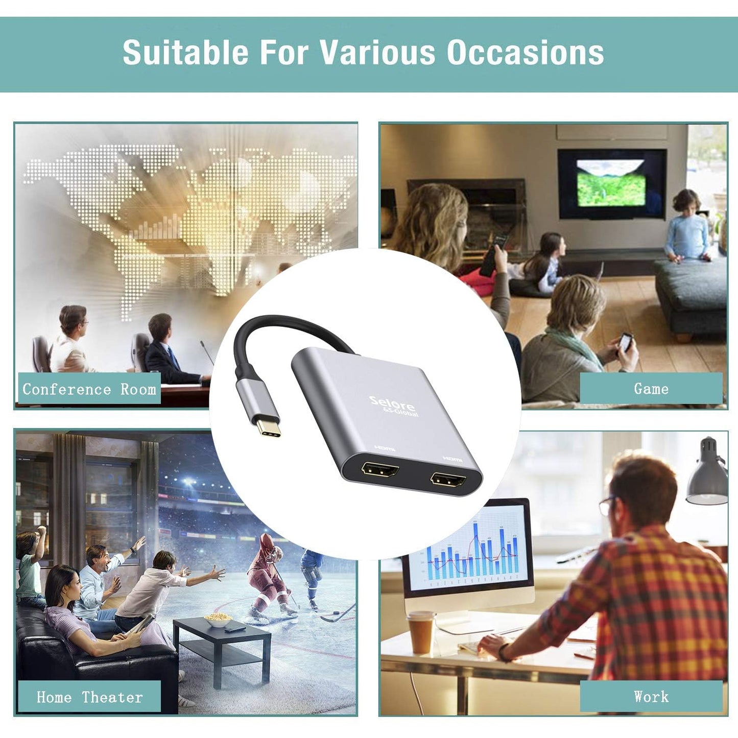 Selore&S-Global USB C to Dual HDMI Adapter 4K @60hz, Type C to HDMI Converter for MacBook Pro Air 2020/2019/2018,LenovoYoga 920/Thinkpad T480,Dell XPS 13/15/17,etc