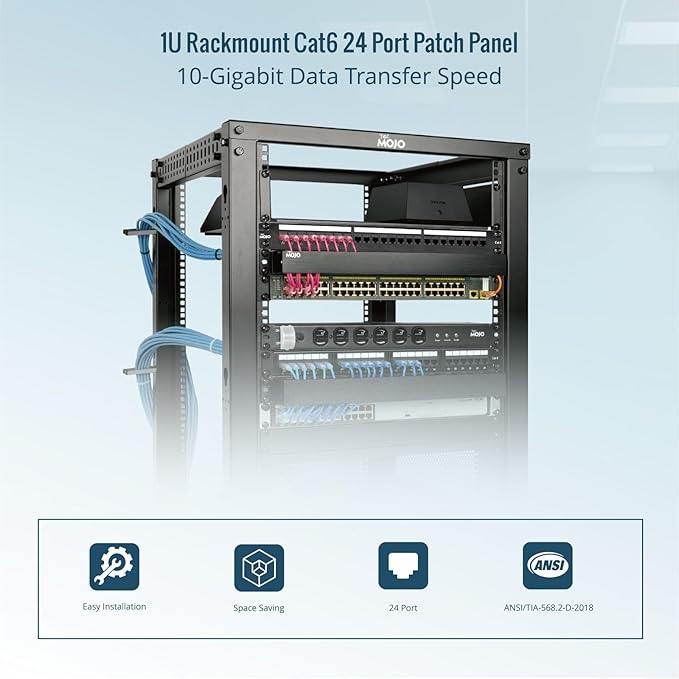 Tecmojo Patch Panel 24 Port, Keystone Patch Panel for Cat 6 /Cat 5e/Cat 5, 1U Cat6 Patch Panel fit 19in AV/Audio Rack&Cabinet, Rack Mount Network Patch Panel with Cable Management,Unshielded