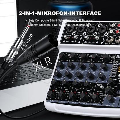BOMGE 6 Channel mini DJ Audio sound mixer console with USB interface, Bluetooth, Stereo Recording, 48V Phantom Power, 99 DSP effects for karaoke, singing, live，streaming，pc recroding. (white)