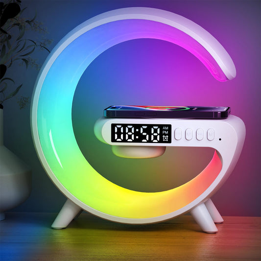 XCDIFA Mini LED Table Lamp with 4-in-1 Wireless Charger, Night Light, Sunrise Alarm Clock, Bluetooth Speaker, Smart Atmosphere Table Lamp for Bedroom, Office, Home Decor (White)