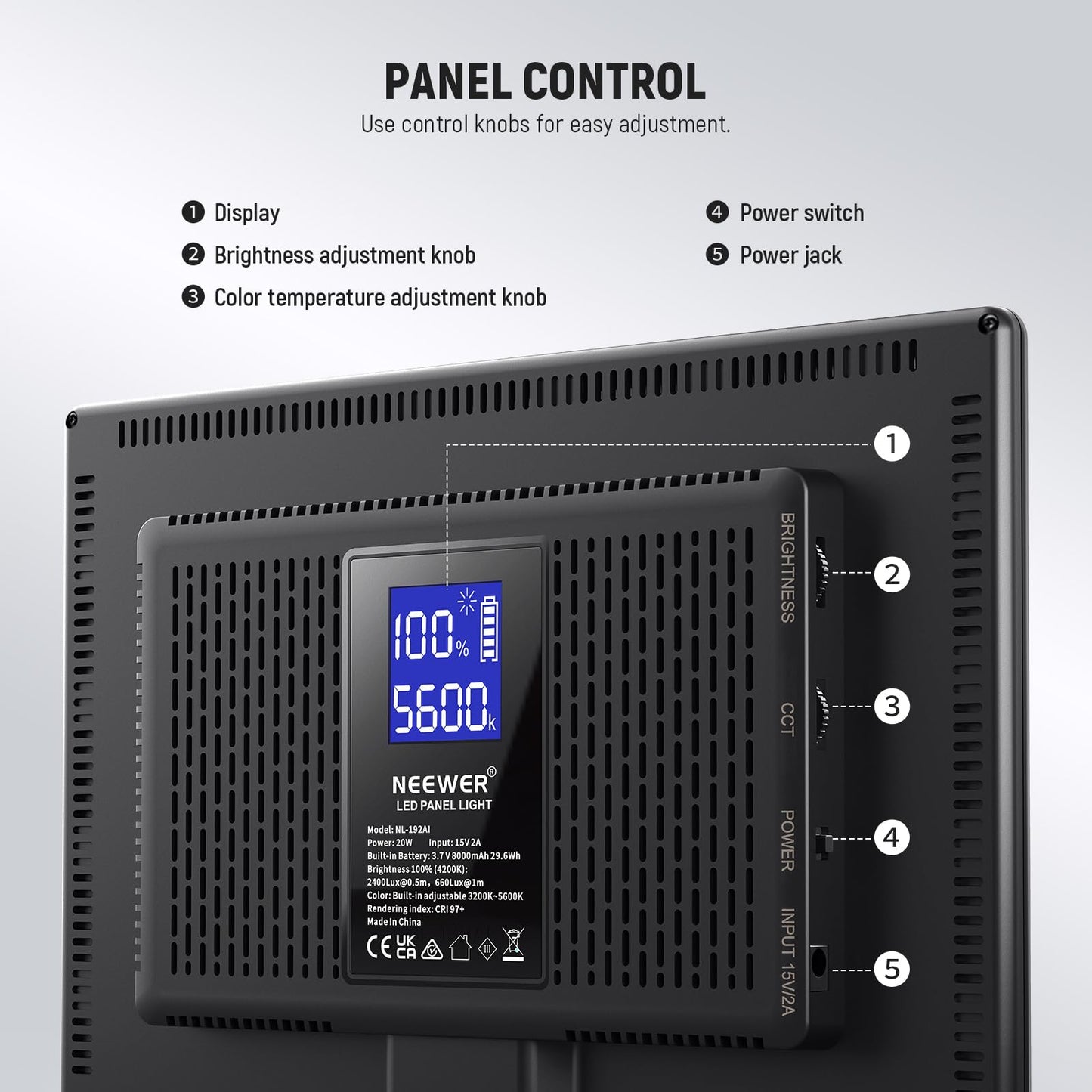 NEEWER 192 LED Video Light Panel, 20W Ultra Thin Bi Color Dimmable DSLR Camera Soft Light, 4000mAh Lithium Battery, 3200K-5600K CRI97+, Key Lighting for Studio Photography Recording Streaming