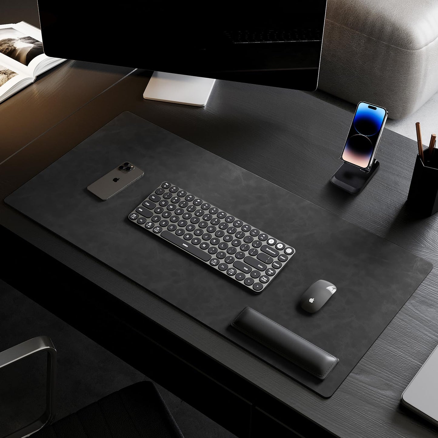Leather Desk pad for Computer and laptops, Ideal for Gaming and Office use, Large Mouse pad and Keyboard mat,Desk mat Special for man. A complimentary Wrist pad and Phone Stand (Black, 39.37"*17.7")