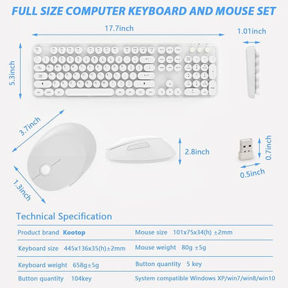 Wireless Keyboard Mouse Combo, 104 Keys Cute White Keyboard with Number Pad & Mouse for Windows, Computer, PC, Notebook, Laptop (White)