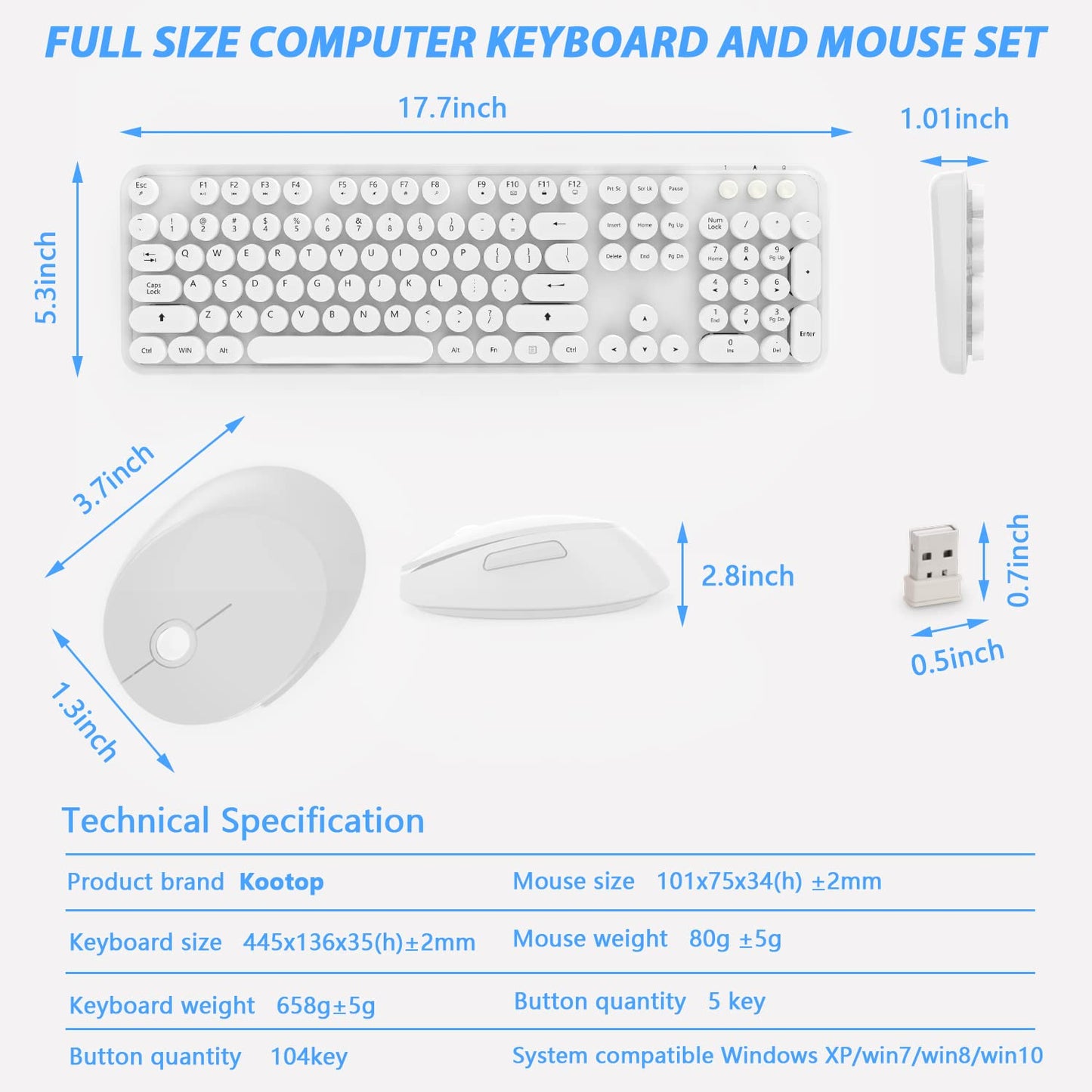 Wireless Keyboard Mouse Combo,104 Keys Cute Colorful Typewriter White
