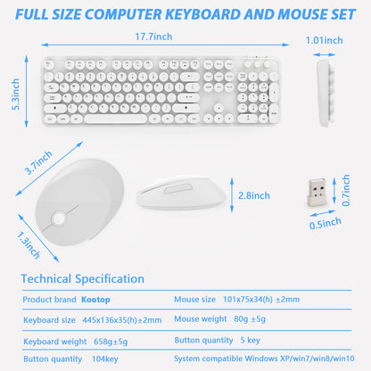 Wireless Keyboard Mouse Combo,104 Keys Cute Colorful Typewriter White