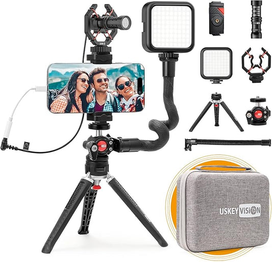 Smartphone Video Vlogging Kit Metal Microphone Light Tiktok YouTube Podcast Equipment for iPhone 15/14/13 Mini/Pro/Max, Android Smartphone (V-Master)