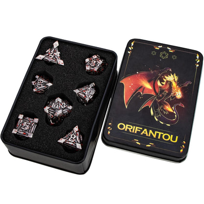 ORIFANTOU 7PCS Metal DND Dice Set with Box, Debris RPG Blood Spatter D and D Dice for use with D&D Tabletop Games Role Playing Game Polyhedral Dice Set D20 D12 D10 D8 D6 D4