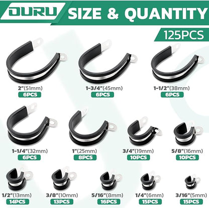 125PCS Cable Clamp,12 Sizes Stainless Steel Rubber Coated Cushioned Insulated Cable Clamps Assortment Kit-Metal Wire Clamps,Cable Clips,Pipe Clamps