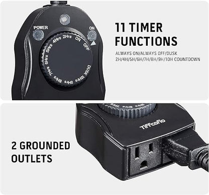 TiFFCOFiO Outdoor Christmas Light Timer, Dusk to Dawn Sensor Countdown, Outdoor Timers for Electrical Outlets Waterproof, 2 Grounded Outlets for Christmas Lights, 15A 1/2HP, CSA Listed (2 Pack)