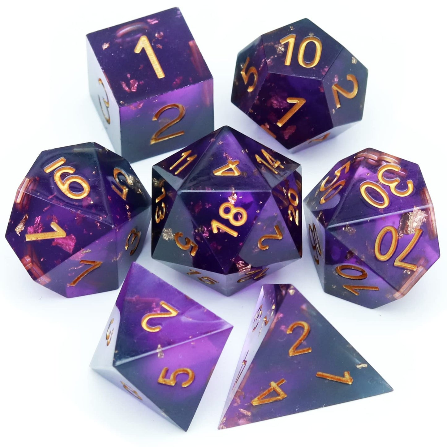 Haxtec Sharp Edge DND Dice Set, Gold Flakes Resin Polyhedral RPG Dice