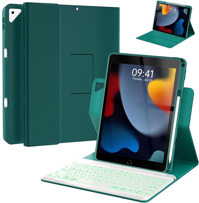 Keyboard Case for iPad 9th/8th/7th Generation 10.2 inch 2021/2020/2019 & ipad Pro 10.5-inch & ipad Air 3 2019-Backlit Detachable keyboard 360° Rotatable Folio Cover with upper pencil holder-(Teal)