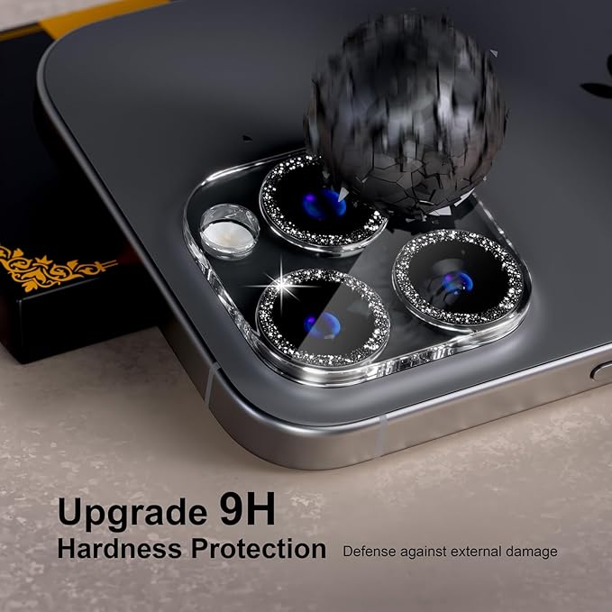 beuxece for 6 Pack iPhone 15 Pro/iPhone 15 Pro Max Camera Lens Protector [Drop Protection] [Case Friendly] [Easy Installation] 9H Tempered Glass Camera Screen Protector Cover, Glitter Black