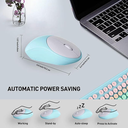 Wireless Keyboard and Mouse Set, 105 Round Keys Full-Size Cute Colorful Keyboard and Mouse with Retro Typewriter for PC/Mac/Laptop/Tablet/Computer/Windows Light Blue