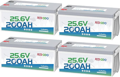 Redodo 24V 200Ah LiFePO4 Lithium Battery, Built in 200A BMS, Max. 5120Wh Energy, Up to 15000 Deep Cycle Lithium Battery, Perfect for Solar Home System, RV, Off Grid, Marine (4 Pack)