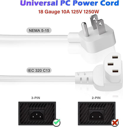 Adoreen 10 Ft Computer TV Replacement Power Cord White, Low Profile Flat Plug to 90 Degree Angled L-Shaped 18AWG 3-Prong AC Universal Power Supply Cable for Printer, PC, Monitor TV LCD, ETL+Ties