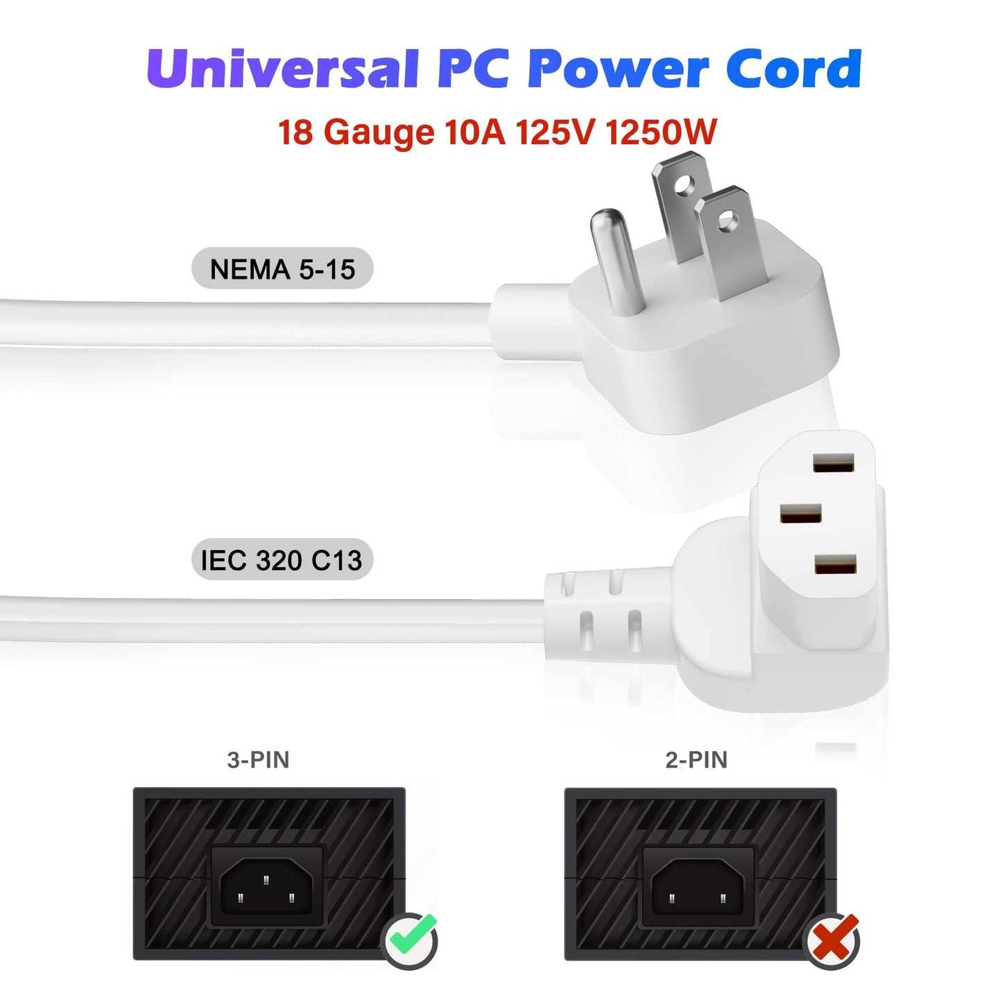 Adoreen 15 Ft Computer TV Replacement Power Cord White, Low Profile Flat Plug to 90 Degree Angled L-Shaped 18AWG 3-Prong AC Universal Power Supply Cable for Printer, PC, Monitor TV LCD, ETL+Ties