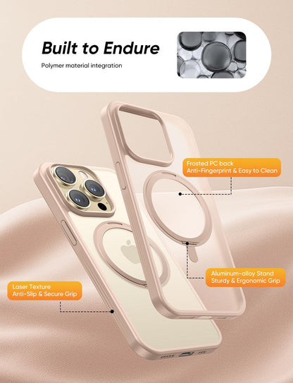 MAGIC JOHN 360° Rotatable Magnetic Invisible Stand for iPhone 14 Pro Case [Anti-Slip Grip] [Compatible with MagSafe] 16FT Shockproof for iPhone 14 Pro Case with Kickstand, Rose Gold