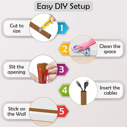 Rubber Bond TV Cord Hider Cable Protector - Strong Self Adhesive Wall Cord Cover Cable Hider - Low Profile Cable Management Wall Cord Concealer Cable Raceway (Brown, 6 Feet)
