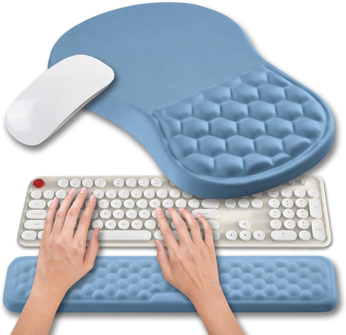 Hokafenle 2 in 1 Ergonomic Mouse Pad Wrist Support & Wrist Rest for Computer Keyboard Set, with Relieve Carpal Tunnel Pain Massage Bulge and Full Memory Gel Design (2In1 Set, Sand Color)