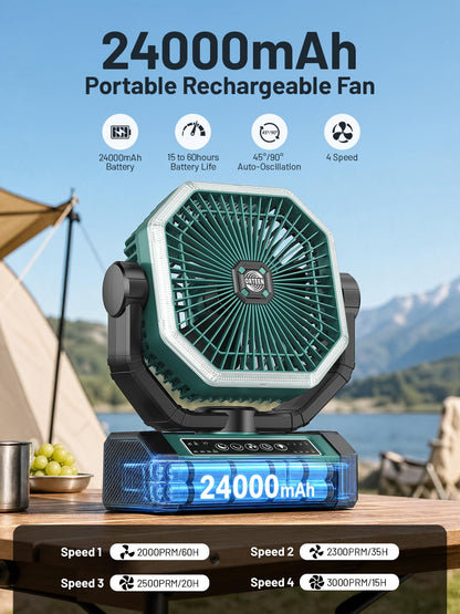Portable Rechargeable Fan - 9-Inch Camping Fan for Tent, 24000mAh(60Hrs) Battery Operated Fan for Camping, Auto Oscillation Cordless Fans, Tent Fan with Remote/Light, 4 Speeds, 4 Timing, Outdoor