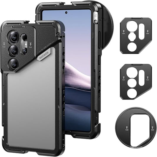 NEEWER S25 Ultra Phone Cage, Mobile Video Rig Phone Stabilizer with 67mm Filter Adapter, 17mm Lens Backplate, T Mount Lens Adapter, Compatible with Samsung Galaxy Moment T Series Lenses, PA082