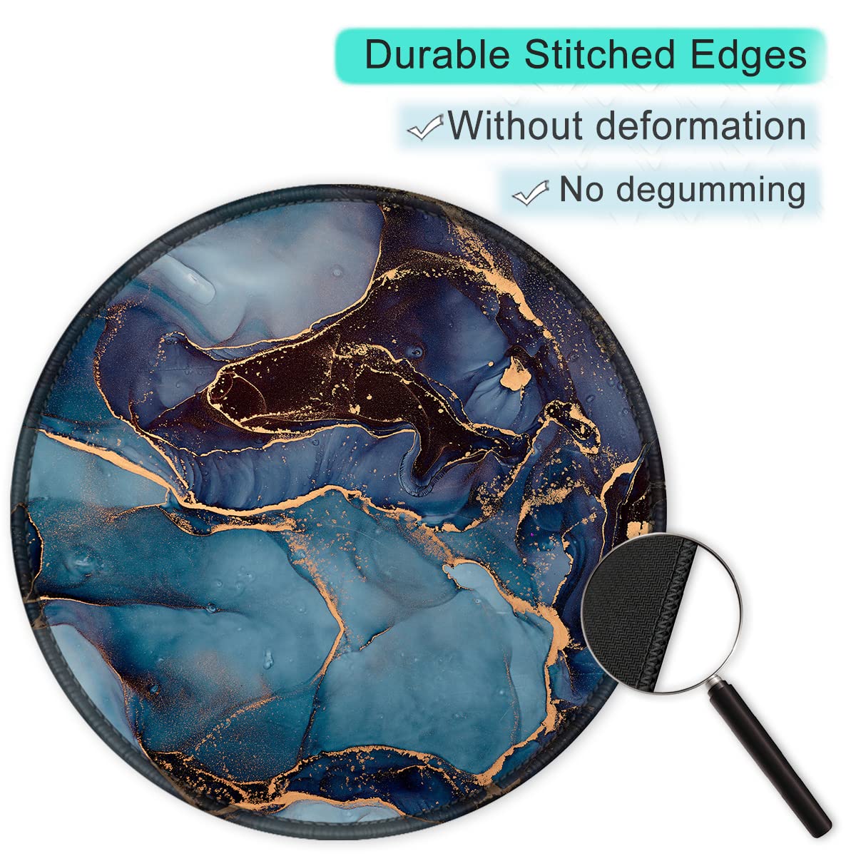 ITNRSIIET Round Mouse Pad with Stitched Edge Premium-Textured Waterproof Non-Slip Rubber Base Desktop Protection Mat Diameter 8.7 inches, Blue and Black Marble