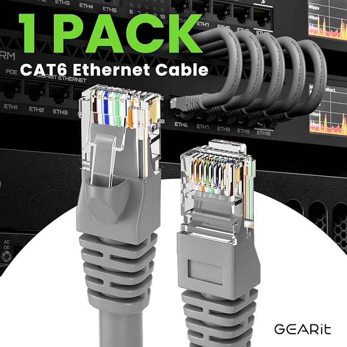 GEARit Cat 6 Ethernet Cable (1-Pack 1 Foot) Cat6 Network Patch, 10Gbps, RJ45, Snagless Cord, Gold-Plated Connectors, Internet for PC, TV, Tablet, Router, Printer, Servers, IT Data Center - Gray
