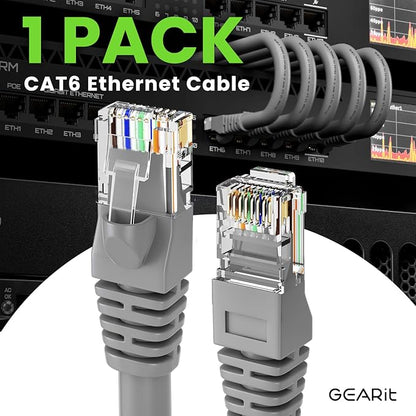 GEARit Cat 6 Ethernet Cable (1-Pack 25 Feet) Cat6 Network Patch, 10Gbps, RJ45, Snagless Cord, Gold-Plated Connectors, Internet for PC, TV, Tablet, Router, Printer, Servers, IT Data Center - Gray