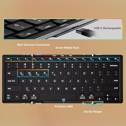 iClever Foldable Bluetooth Keyboard, BK05S Folding Wireless Portable Keyboard, Pair Up to 4 Devices, USB-C Rechargeable, Slim and Compact for iPad, Mac, Laptop, Smartphone, Tablet, PC
