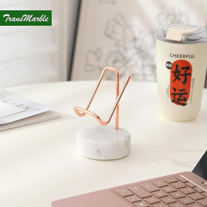 Marble Phone Stand with Metal Holder, Charging Available While Using, Swipe Up to Unlock, Made of Natural Marble as Business Card Holder for Office Desk (Starry White + Rose Gold)