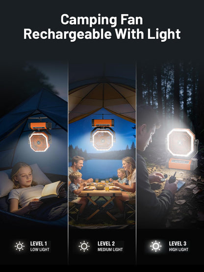 Battery Powered Fan - 9-Inch Rechargeable Fan Portable, 24000mAh(60Hrs) Camping Fans for Tent, Auto Oscillation Cordless, Tent Fans for Camping with Remote/light, 4 Speeds, 4 Timing, Outdoor
