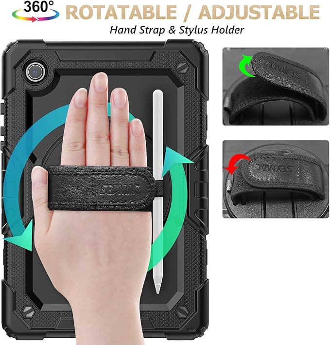 SEYMAC stock Case for Samsung Galaxy Tab A8 10.5'', Full-Body Drop Protection Case with Screen Protector Pencil Holder [360° Rotating Hand Strap] &Stand, Black
