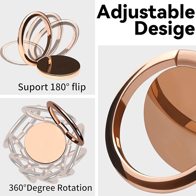Metal Cell Phone Ring Holder Finger Ring Stand, 360 Degree Rotation Ring Kickstand Grip Holder for Magnetic Car Mount, Rose Gold