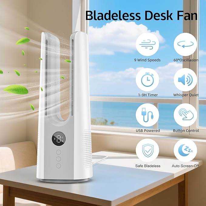 Desk Fan, 13 Inch Portable Bladeless Fan, Small Quiet Table Fan with 60°Oscillating, 9 Speeds & 9H Timer, LED Display, Button Control, Easy to Clean, Personal Desktop Fan for Bedroom, Office