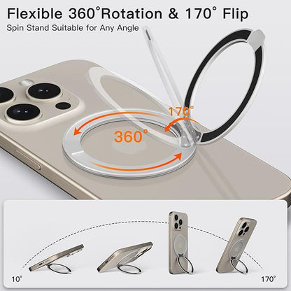 COOLQO 1Pc 360 Spin Cell Grip Ring Phone Stand [Upgrade Gear Hinge Stress Relief] Magnetic Holders for Your car Accessories Desk Mount Compatible with iPhone All Smartphone, Glitter Silver