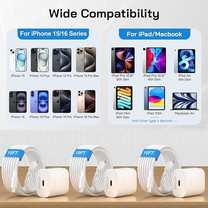 30W USB C i Phone 16 15 Charger Fast Charging, 3PACK Wall Charger for iPhone 16 15 Pro Max Charger Cord 10FT Fast Type C Charger Block for iPhone 16/16 Pro/15 Plus/15 Pro/15 Pro Max, iPad Pro, White
