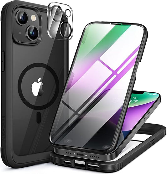 Miracase for iPhone 14 Case 6.1'', [Bubble Free] Full-Body Bumper Phone case with Built-in Full Glass Screen &Lens Protector,No Gap,Compatible with MagSafe,Drop Proof 14 Cover,Black