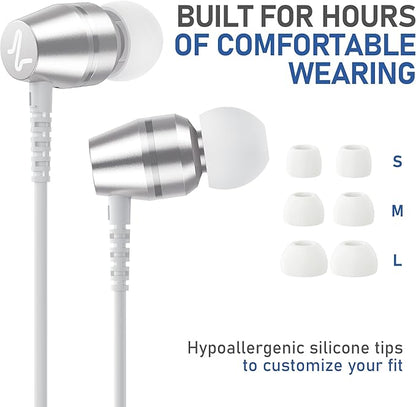 LUDOS OMNITONE Wired Earbuds in-Ear Headphones, 5 Years Warranty, Earphones with Microphone, 3.5 mm Jack Corded Ear Buds, Videoconference for iPhone, Samsung, Laptop, Kids, School Students - White