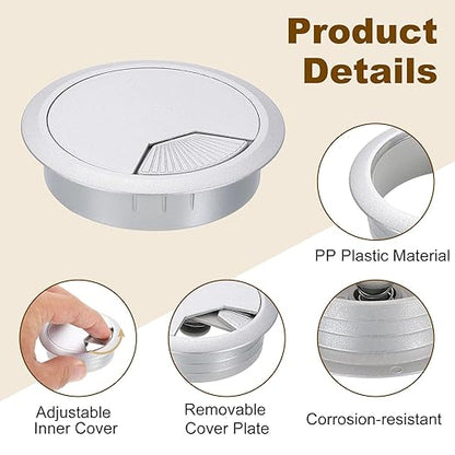 uxcell 6 Pcs 80mm (3.15 Inch) Desk Grommet, Plastic Cable Hole Cover, Wire Cord Cable Organizer for Home Office Computer Desk Cabinet, Silver