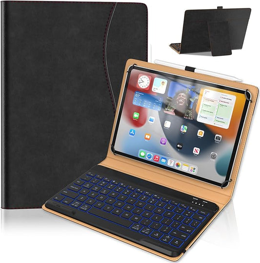 OPAKIT Leather Keyboard Case for 9",9.7",10.1",10.2",10.5",10.9",11" Tablets,7 Colors Backlit,Bluetooth Wireless Keyboard with Pocket Leather Folio Cover(Black)