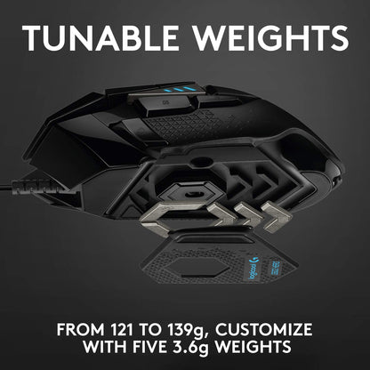 Logitech G502 Hero High Performance Wired Gaming Mouse, Hero 25K Sensor, 25,600 DPI, RGB, Adjustable Weights, 11 Programmable Buttons, On-Board Memory, PC/Mac - Black