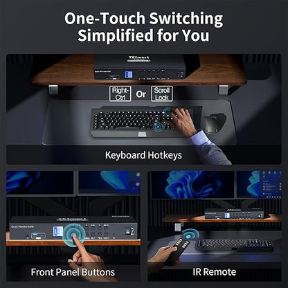 TESmart Quad Monitor HDMI+DP MST KVM Switch 4 Monitors 4 Computers 4K@60Hz, USB 3.0 KVM Docking Station, Audio&Microphone, EDID emulators, Hotkey Switch, Rack-Ears, with Input Cables