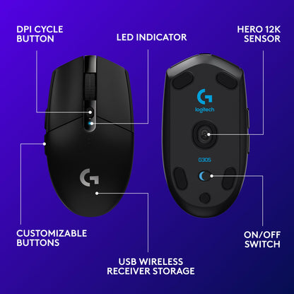 Logitech G305 Lightspeed Wireless Gaming Mouse, Hero Sensor, 12,000 DPI, Lightweight, 6 Programmable Buttons, 250h Battery, On-Board Memory, Compatible with PC, Mac - Black