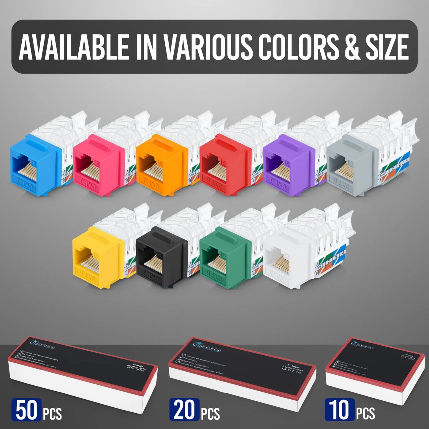 Everest 45 Degree RJ45 Cat6 Keystone Jacks Slim Profile 50-Pack Pink
