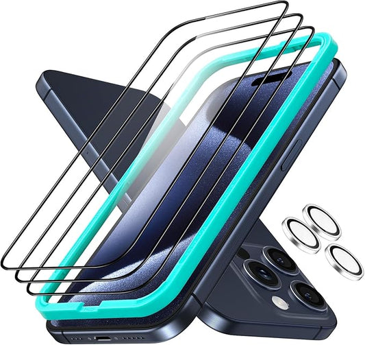 ESR 3+1 Pack for iPhone 15 Pro Screen Protector, [9H Hardness] [Military Grade Shatterproof] Full Coverage Ultra-tough Tempered Glass Film with Easy Installation Frame, 1 Set of Camera Lens Protector