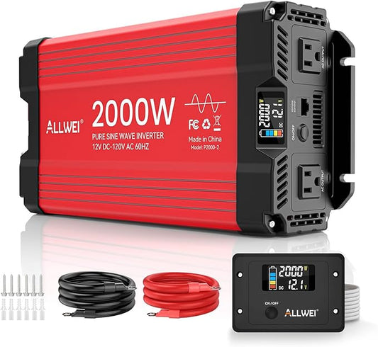 ALLWEI 2000W Pure Sine Wave Inverter 12V DC to 120V AC Converter, Surge 4000W, 20A Sockets, Hardwire Port, Power Inverters for Vehicles, RV Truck Home Solar & Off-Grid Inverter, Remote Controller