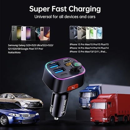 Syncwire Bluetooth 5.4 FM Transmitter Car Adapter 48W (PD 36W & 12W) [Light Switch] [HiFi Bass Sound] [Fast Charging] Wireless Radio Music Adapter LED Display Hands-Free Calling Support USB Drive