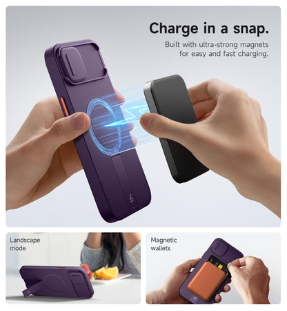 SURITCH for iPhone 14 Plus/15 Plus Case with Magnetic Camera Slide Cover and Adjustable Kickstand, Compatible with MagSafe, Shockproof Bumper Case Slim Protective Cover 6.7 Inch, Dark Purple