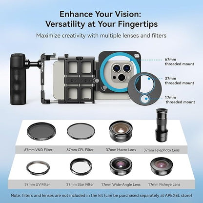 APEXEL Universal Phone Rig Video Kit. Aluminum Handheld Smartphone Vlogging Cage with Rechargeable Handle Wireless Bluetooth Shutter, Phone Stabilizer for Videomaker Compatible with iPhone/Android.