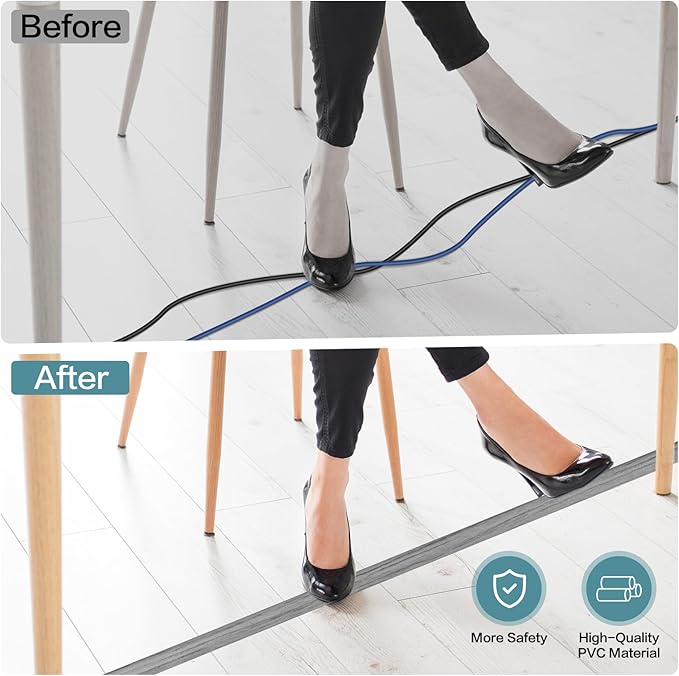 Floor Cord Cover Self Adhesive Cord Hider Floor Extension Cord Covers for Floor Power Cord Protector Cable Management Prevent Cable Trips Cable Cavity 0.32" W x 0.32" H (Light Grey Wood, 10Ft)
